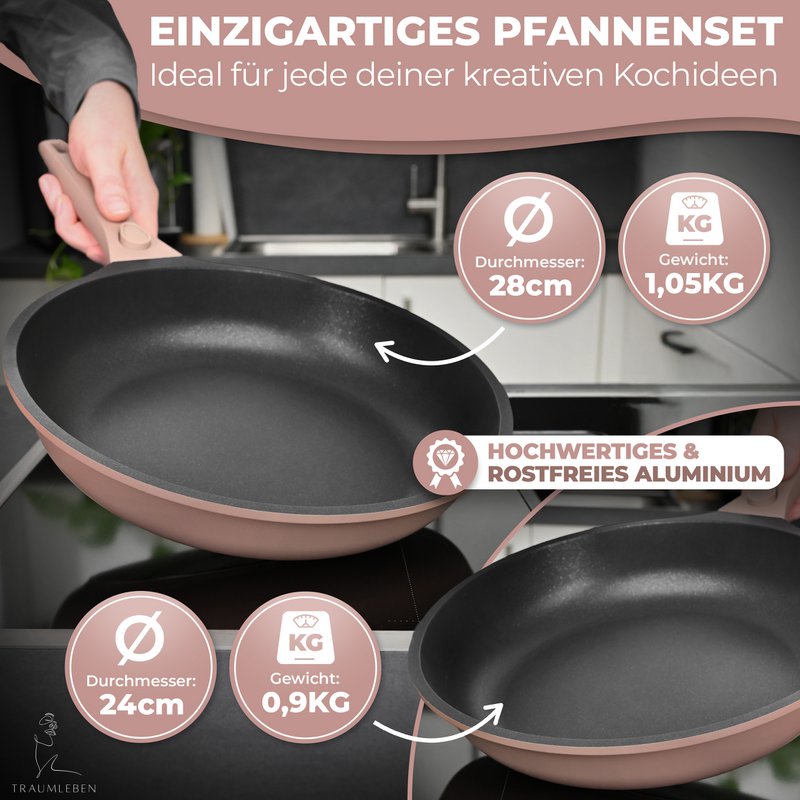 PFannet Set 24/28 cm rivestimento non -stick, maniglie rimovibili, induzione, festival del forno (rosa)