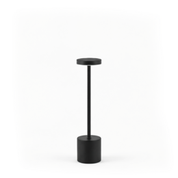 Black modern table lamp with cylindrical base and circular light source.