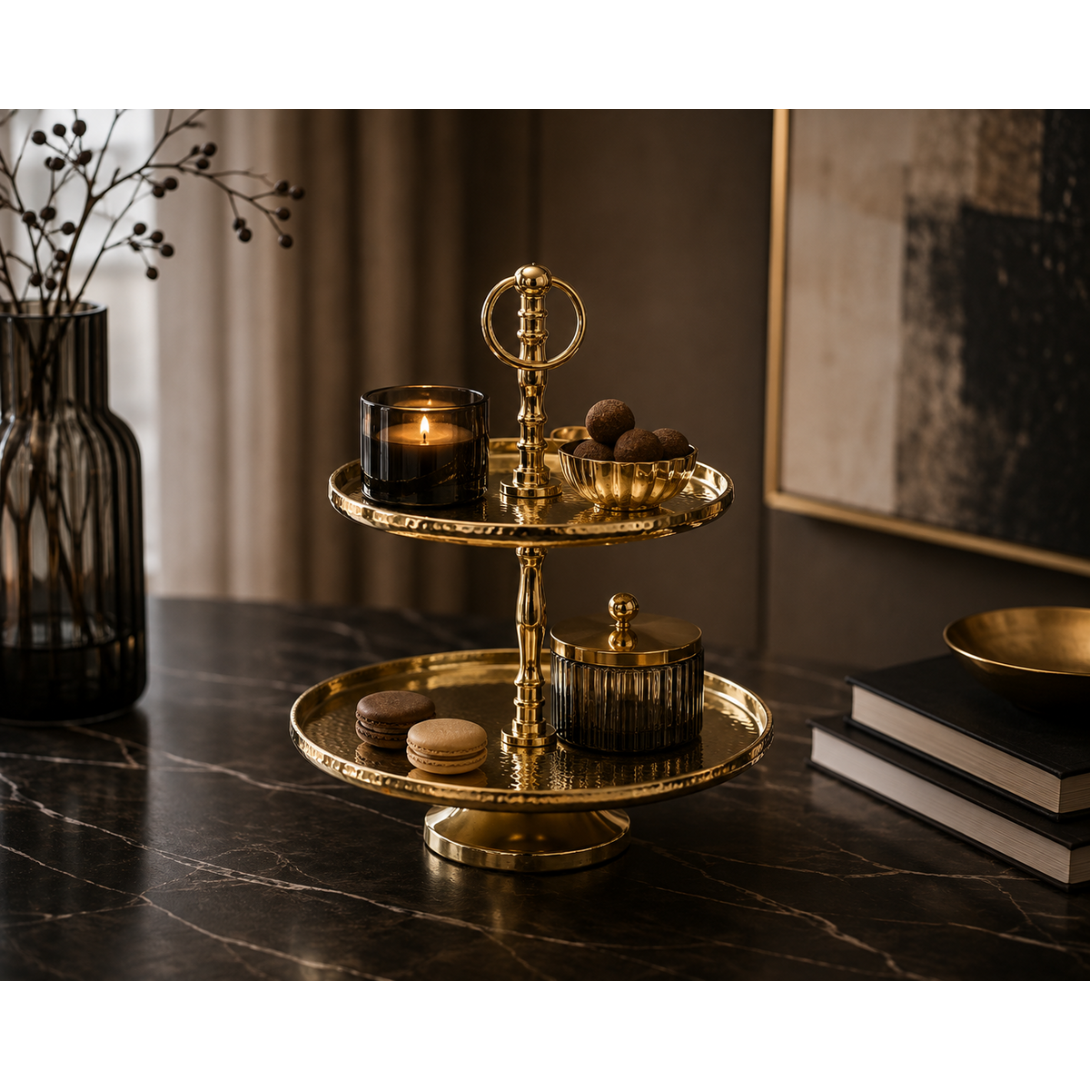 Tweekleer metalen dienblad, gouden kleur, 25x25x34 cm, decosiluet