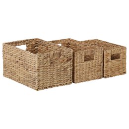 Set of 3 handmade woven storage baskets in natural wicker material. Ideal for organizing and storing items in the home or office. Rectangular shape with handles for easy carrying.