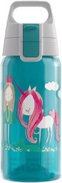 Turquoise kids water bottle with pink Miraculous character design, 0.5L capacity, durable plastic construction.