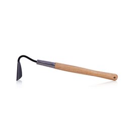A wooden-handled garden hoe with a black metal blade, designed for tilling and cultivating soil in gardens and outdoor spaces.