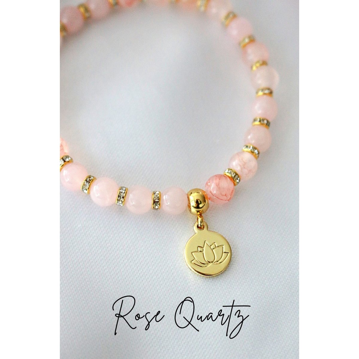 "Peace & Love" Rose Quartz - Amethyst Elastic Bracelet | 24K Lotus Flower Charm