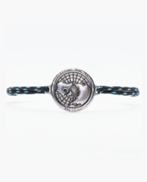  Black and silver charm bracelet with a circular charm featuring a tree of life design.