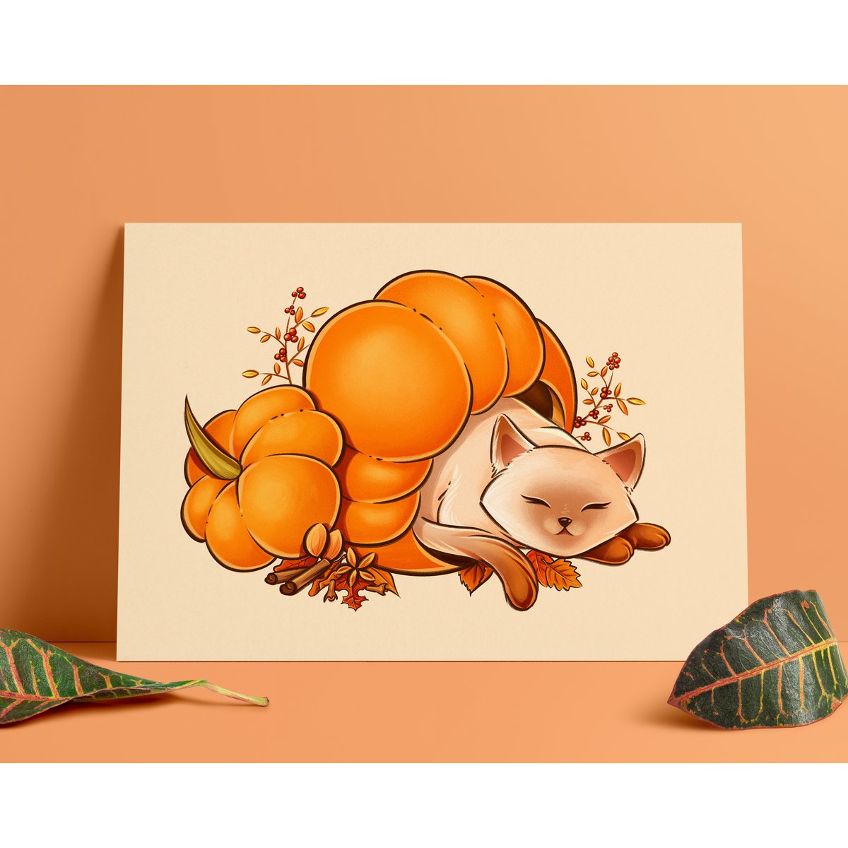 Impresión de especias de calabaza - Adorable gato en impresión A5 de calabaza