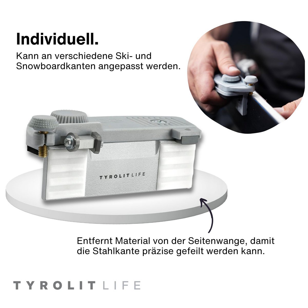 Extractor de flancos Tyrolit Life - procesamiento de bordes preciso y cuidadoso para esquís y tablas de snowboard - la base perfecta para bordes limpios - ajustable de forma flexible