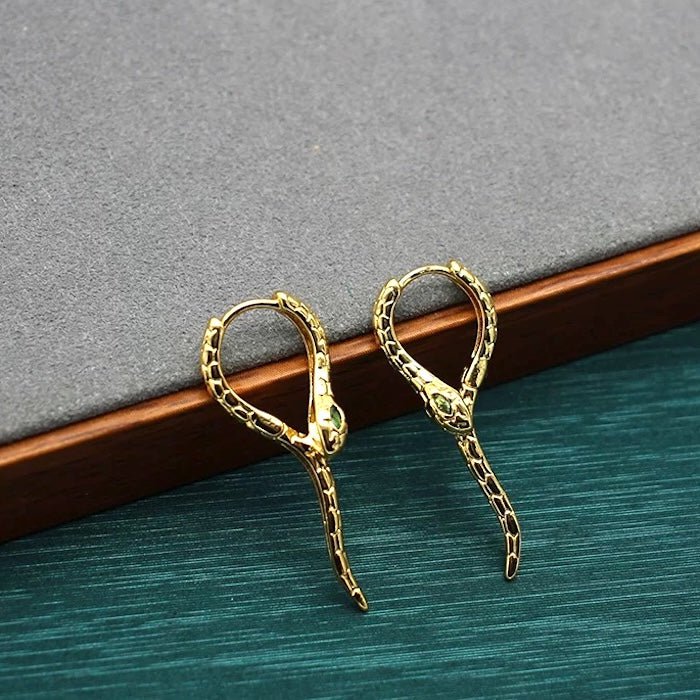 Unique Green-eye Cobra Design Earrings - Gold & Silver