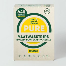 Lemon-scented dishwasher detergent strips, 64 washes per pack.