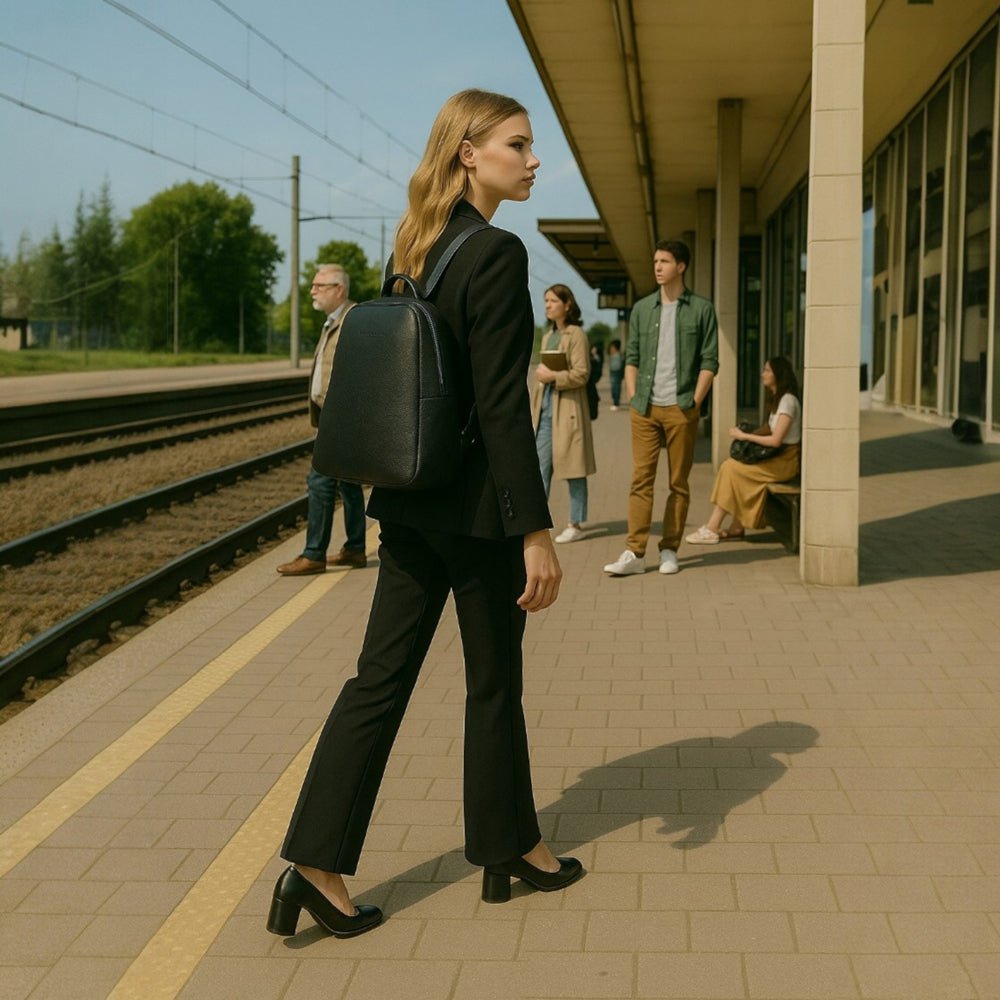 RB1018A | Echt leren damesrugzak met dubbel compartiment, gemaakt in Italië, met verstelbare schouderbanden. Gunmetal metalen accessoires - Zwarte kleur - Afmetingen: 26 x 30 x 14,5 cm