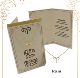 Aries horoscope necklace with a ram pendant. The necklace features a simple, minimalist design with a gold-tone metal pendant in the shape of the Aries zodiac symbol.