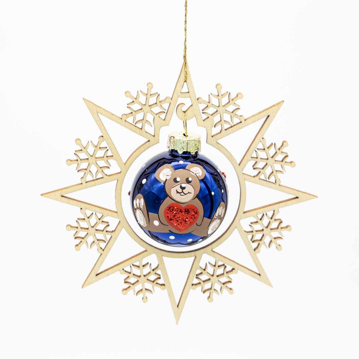 Wooden star and Christmas ball Teddy and heart
