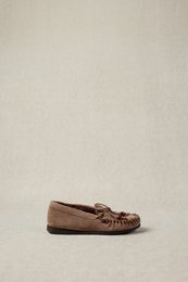 BINITA BEADS TAUPE – Suède ballerina's van harskralen met voering van imitatiebont