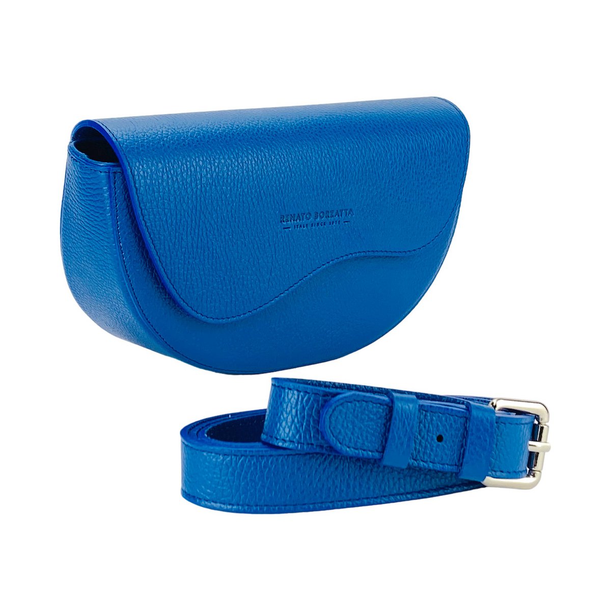 RB1027CH | Kvinders afrundet crossbody-taske i ægte læder Made in Italy. Aftagelig og justerbar skulderrem i læder. Poleret nikkeltilbehør - Kongeblå farve - Mål: 25 x 15 x 9 cm
