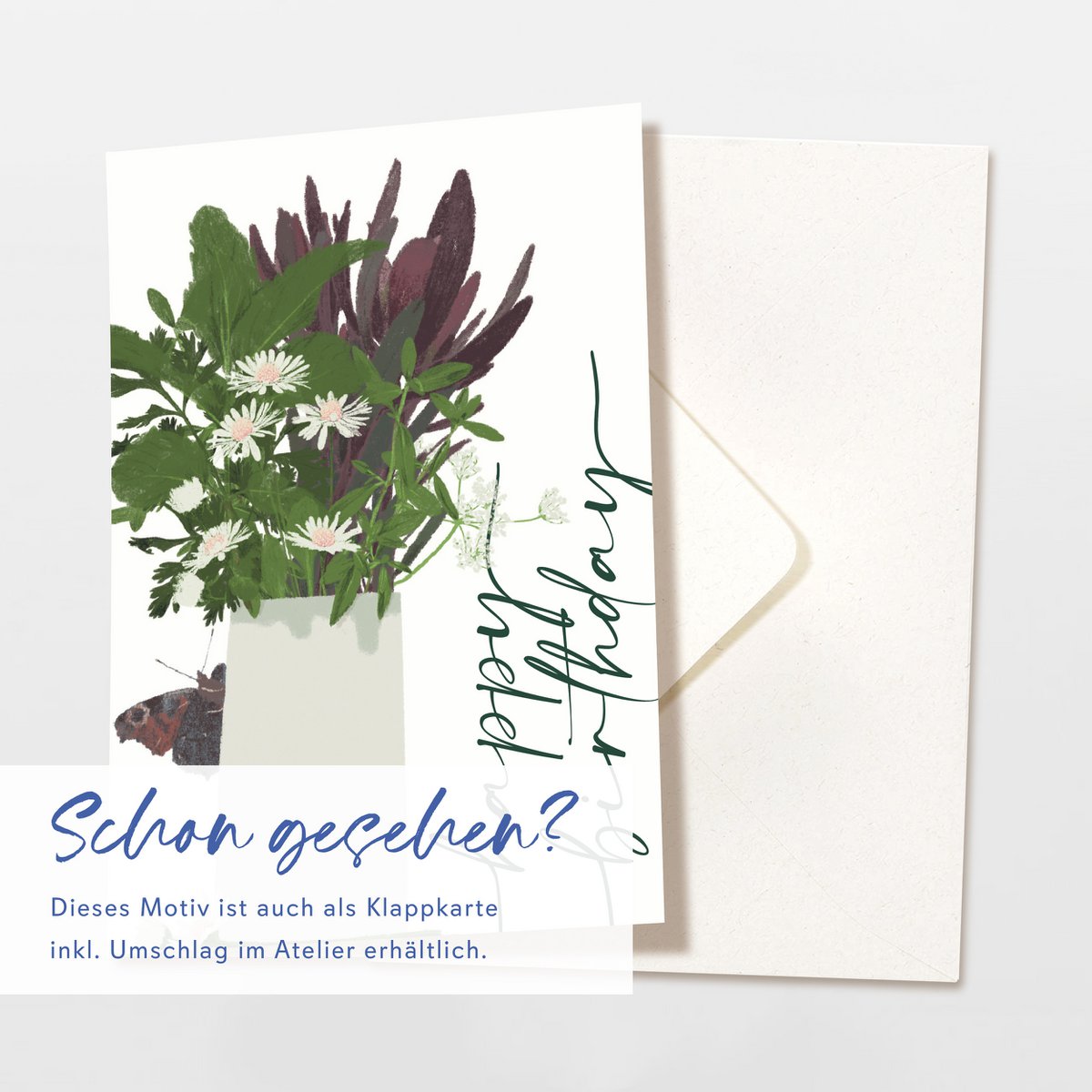 Geburtstagskarte 'happy birthday' mit Wildblumen-Vase und Schmetterling