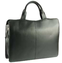 Black leather shoulder bag with two handles and a zipper closure.