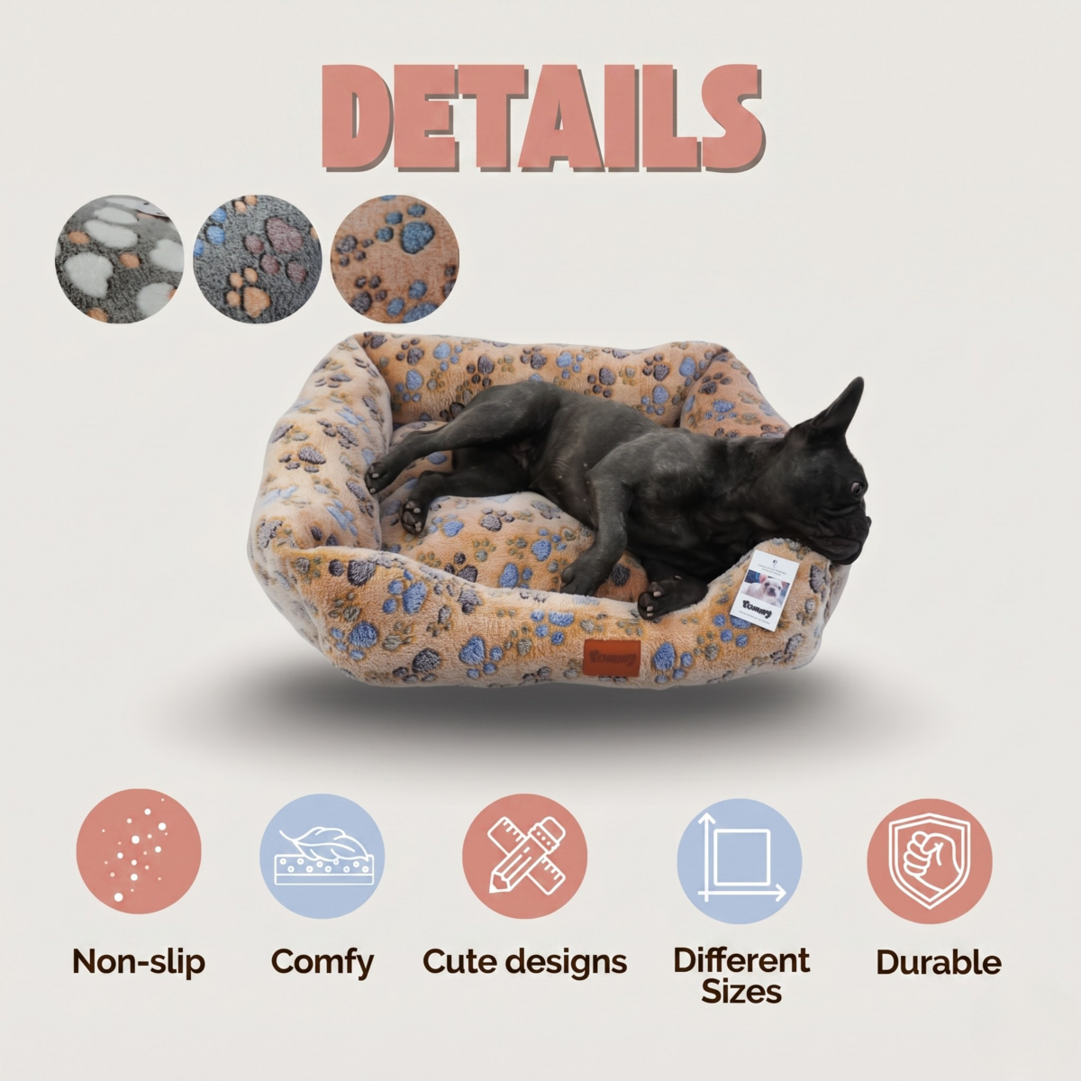 Yommy Dog Bed with Paw Print or Heart Design | Soft Flannel Fabric | Non-Slip Base | 3 Sizes: S (16.5×21.5 in), M (20.5×25.5 in), L (24.5×30.5 in) | 3 Colors