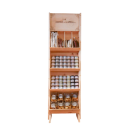  Wooden cabinet for displaying sausages, spreads, and other food products. Features multiple shelves for organized storage and display.