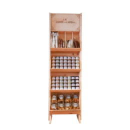 Wooden cabinet for displaying sausages, spreads, and other food products. Features multiple shelves for organized storage and display.