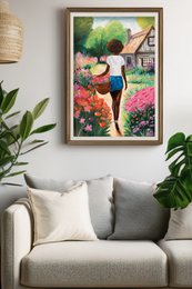 Woman in garden with flowers, botanical art print, colorful floral poster, nature illustration, vibrant pink green plants