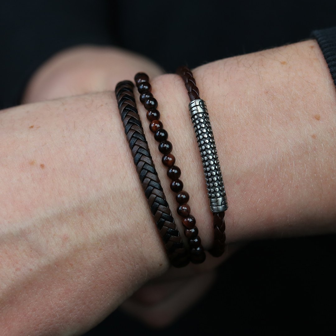 Frank 1967 7FB-0543 Bracelet en cuir - Homme - 2 brins - Cuir tressé - Perles Oeil de Tigre Rouge - Diamètre 4 mm - Cuir - 21 cm - Lien supplémentaire dans le fermoir - Noir - Marron foncé - Couleur Argent