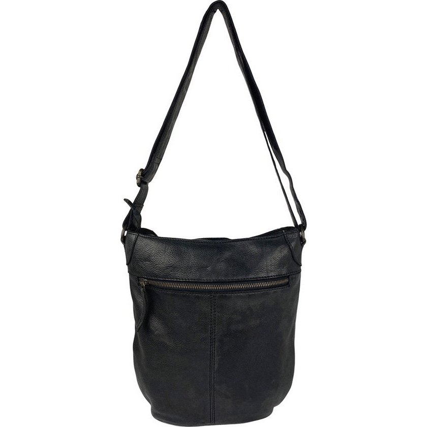 Ruime buffelleren schoudertas – Zwarte leren handtas voor dames