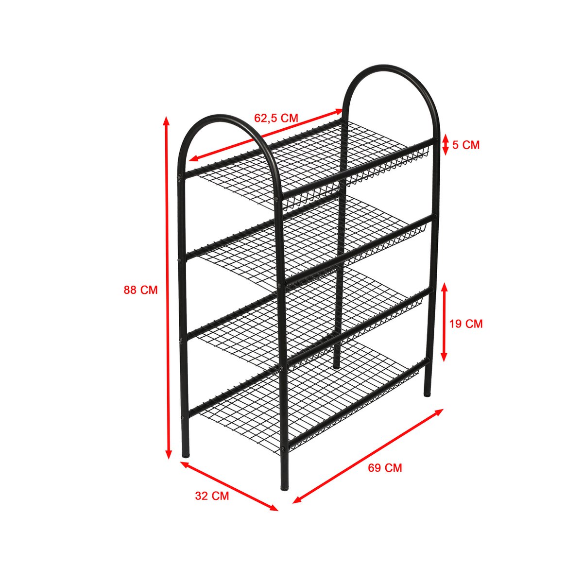 Étagère à chaussures en métal 4 couches de Naturn Living | Meuble à chaussures | Rangement chaussures | Système de stockage | Meuble à chaussures transparent | Organisateur de chaussures | noir mat