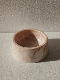 Cream rose marble food bowl, round shallow dish, natural stone pet feeder, elegant home decor