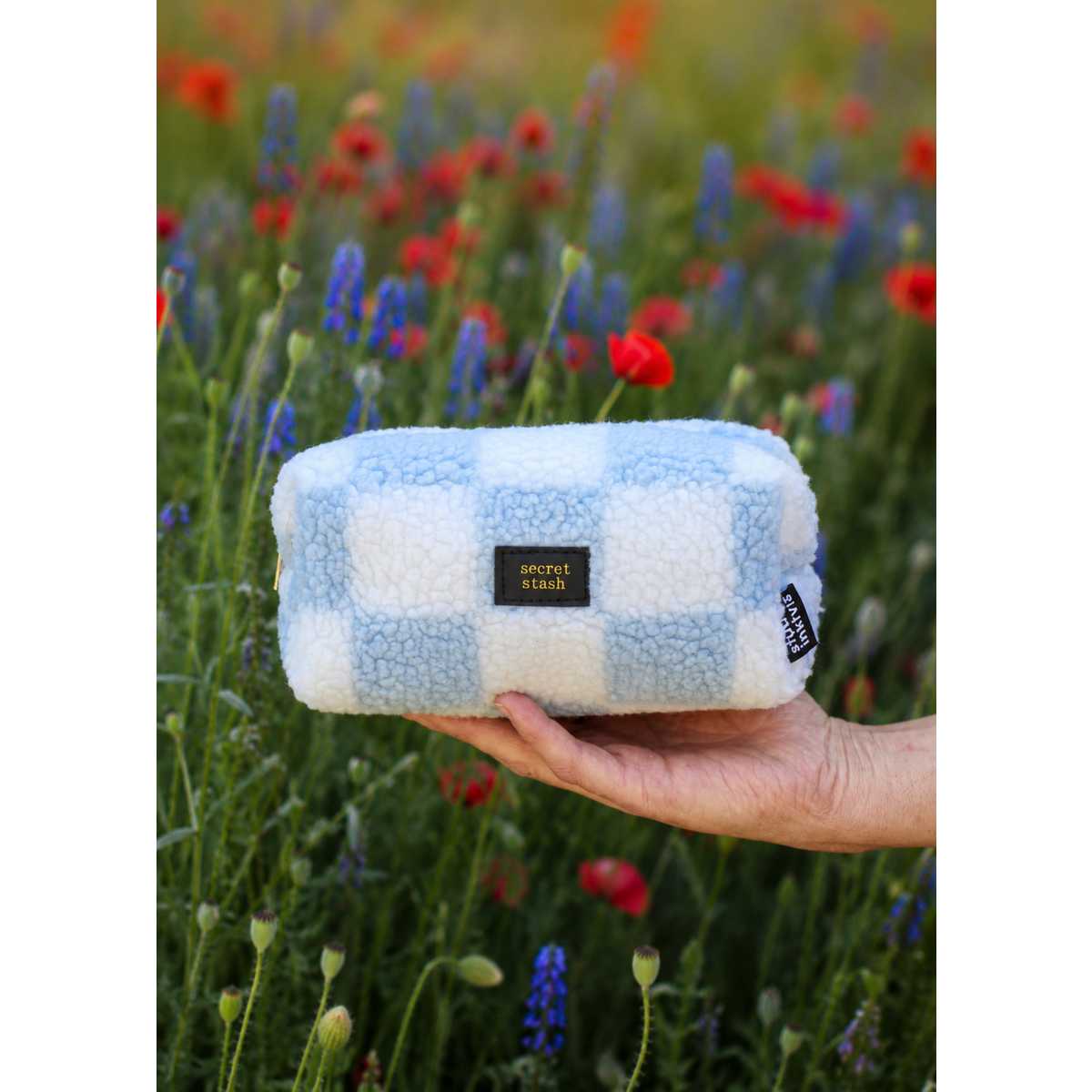 Tasje Secret stash blauw witte ruit van teddy stof