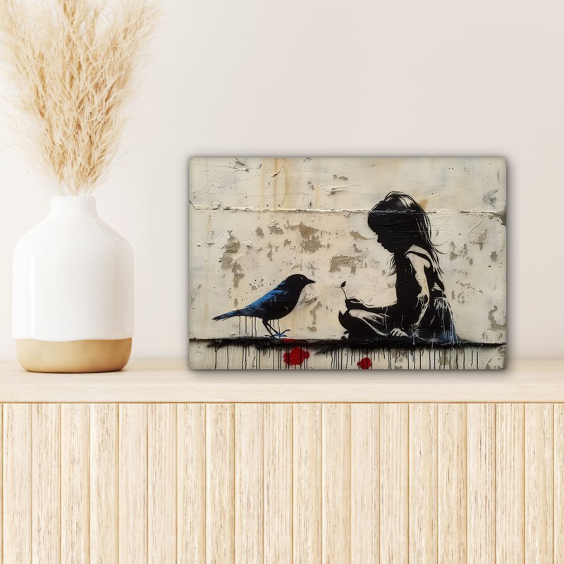 Canvas schilderij - Wanddecoratie Meisje - Street art - Vogel - Abstract - Graffiti - Modern - Muurdecoratie woonkamer - Kamer decoratie modern - Abstracte schilderijen