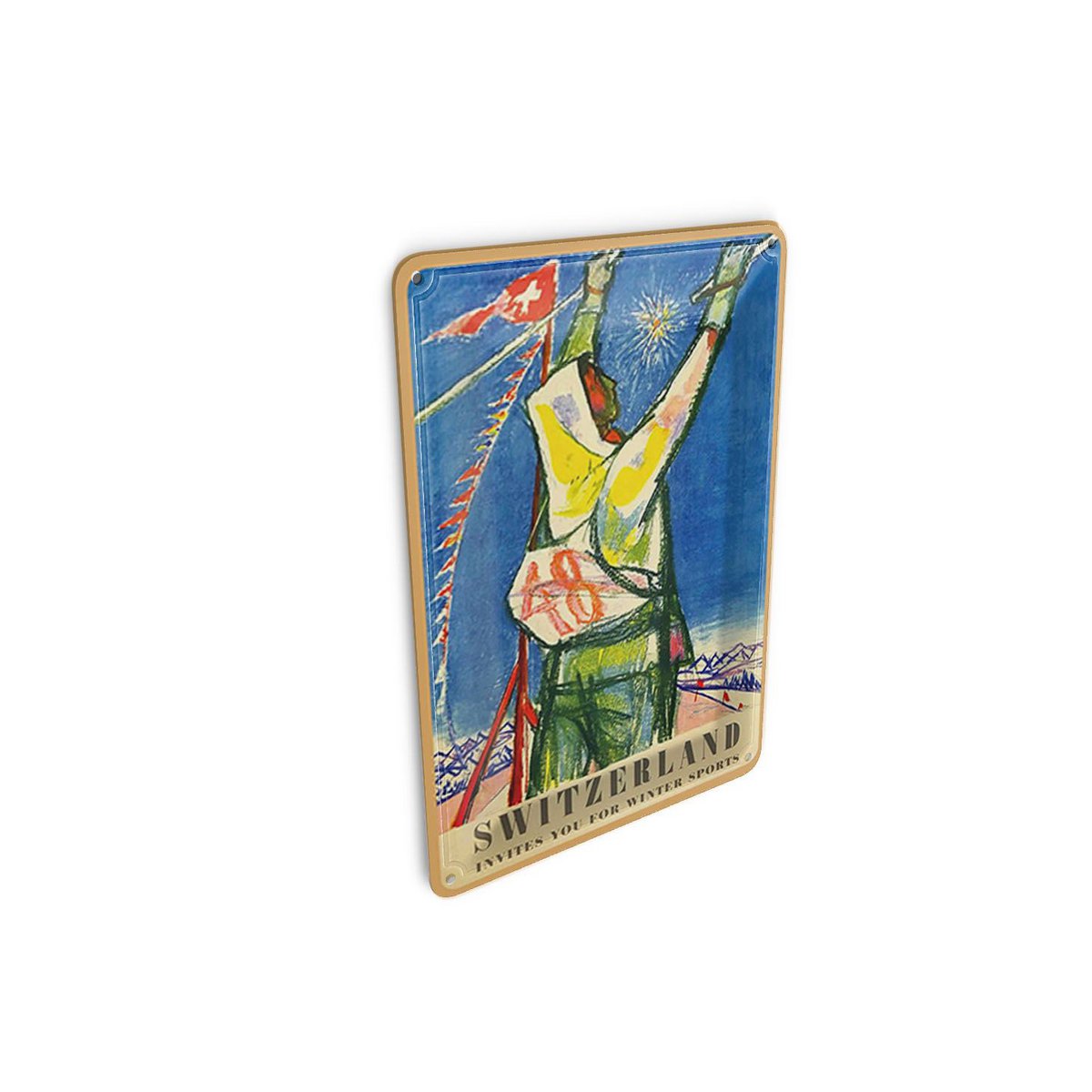 Tin postcard travel 10x14 cm Switzerland invites for winter sport decorative sign