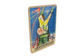 Cartolina da viaggio in latta 10x14 cm La Svizzera invita per gli sport invernali, cartello decorativo