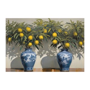Elegante kunstenaarskaart met citroenbomen in Chinoiserie vazen ​​voor een verjaardag, jubileum, pensioen