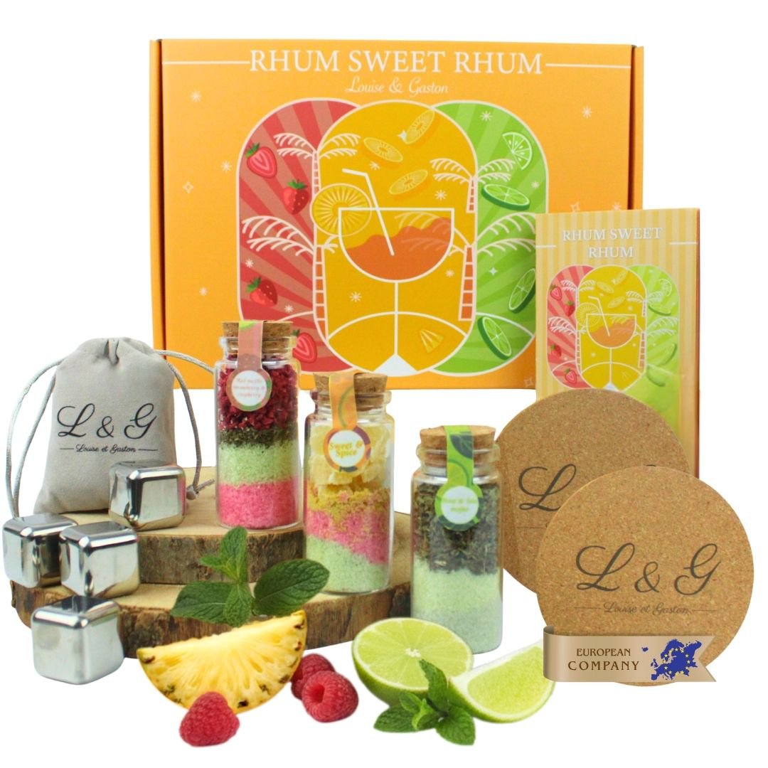 L&G - Arranged Rum Box “Sweet Rum” | Homemade Rum Making Kit with Natural Spices | 3 Vials of Exotic Flavors + Ice Cubes + Coasters | Mother's Day Gift Idea