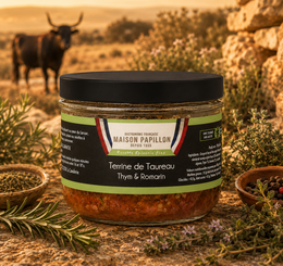 "Bull terrine with rosemary and thyme, glass jar, French pâté, gourmet meat spread"