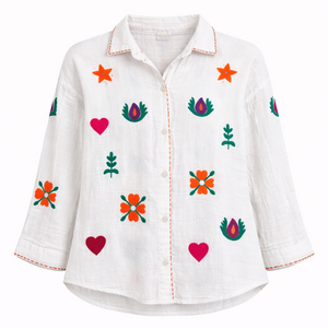 HS Bluse - Weiß - Buntes Design - Handgefertigt