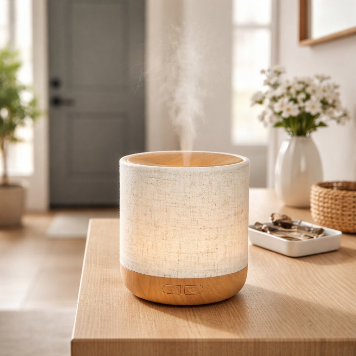 Ultrasonic Diffuser – Alesia – in Linen and Wood – Cold Diffusion – Aromatherapy Essential Oils – Decorative Gift Idea