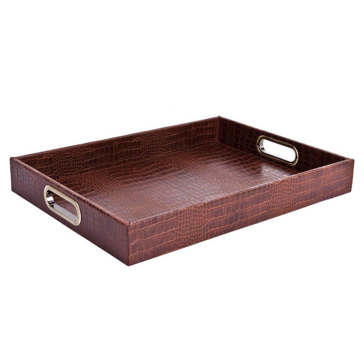 Plateau rectangulaire avec poignées en laiton crocodile marron clair