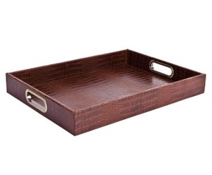Rectangular tray with brass handles crocodile light brown