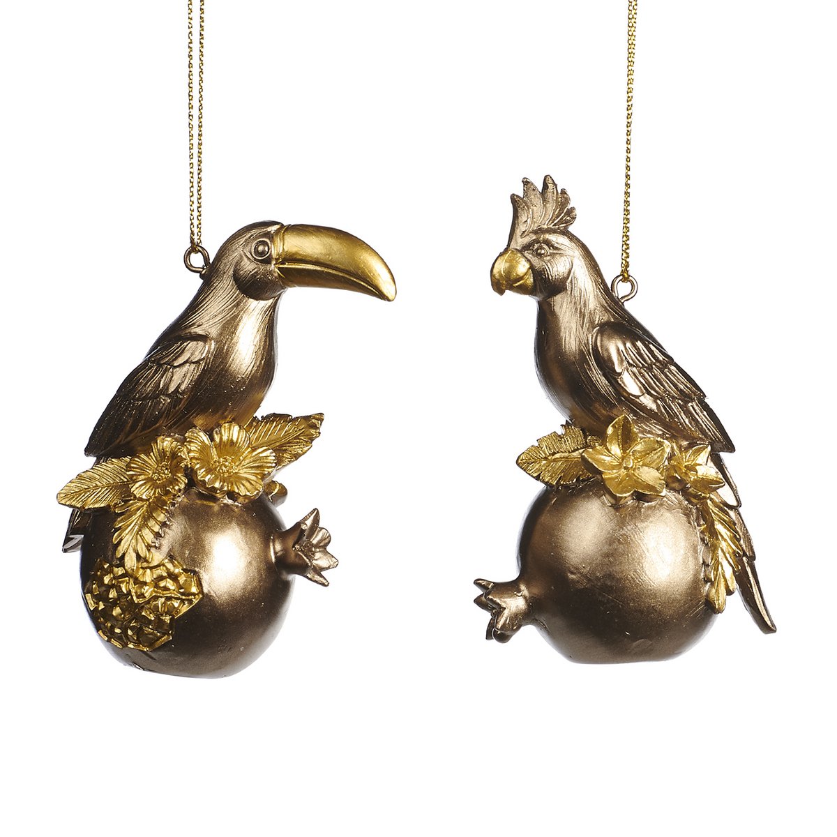 PARROT ON POMEGRANATE ORN ASS/2 GLD 9CM THEDEN