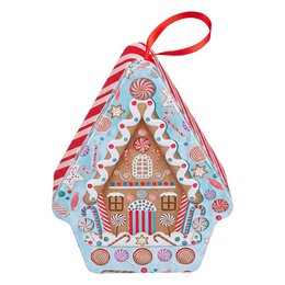 Gingerbread house shaped tin, red and blue colors, candy decorations, Christmas holiday ornament design.