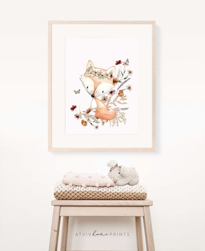 Fox nursery print, fox poster, floral nursery print, cute fox print, wildflowers print, girls nursery poster, girls room