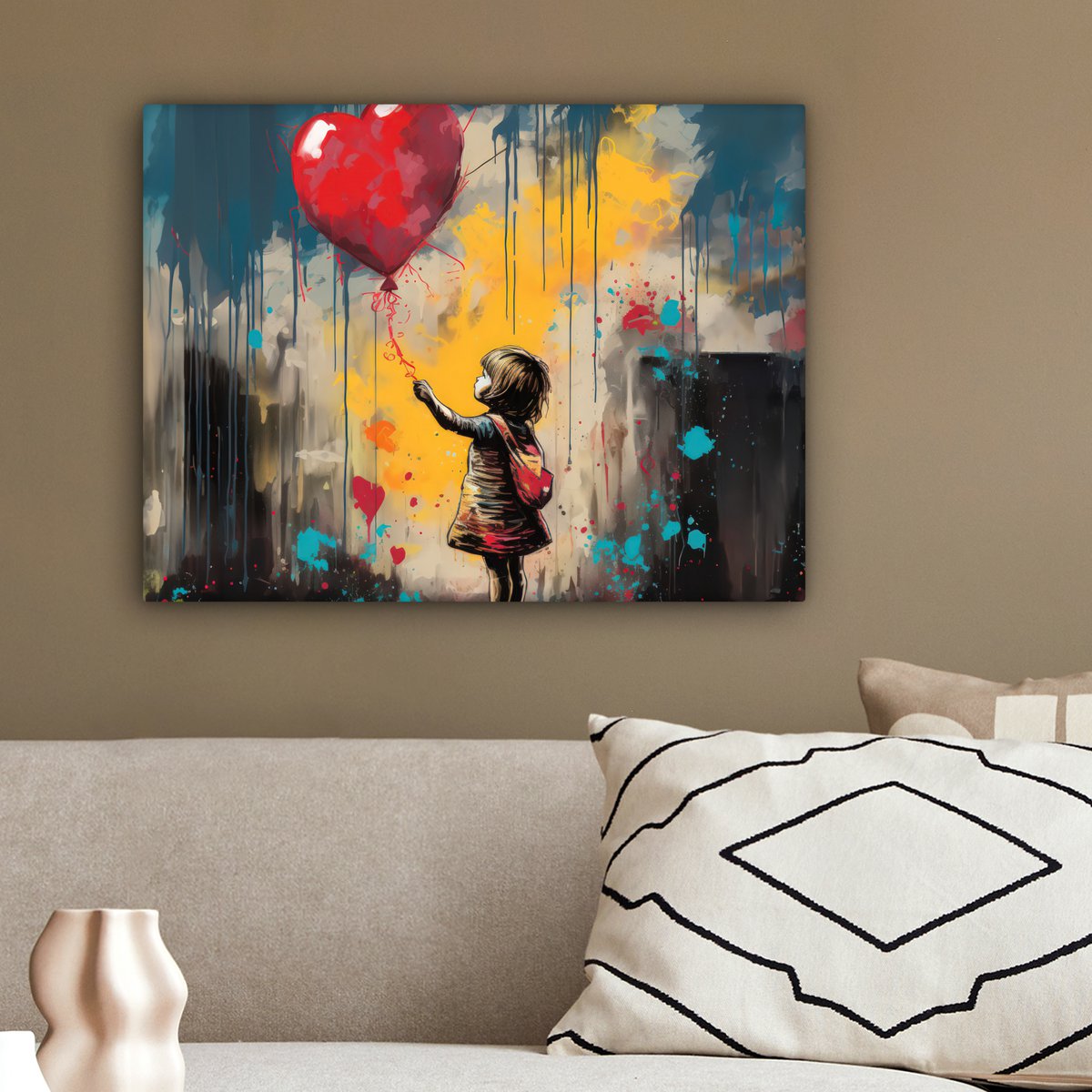 Canvas schilderij  - Wanddecoratie Meisje - Ballon - Hart - Graffiti - Muurdecoratie woonkamer - Slaapkamer decoratie - Kamer accessoires - Schilderijen op canvas