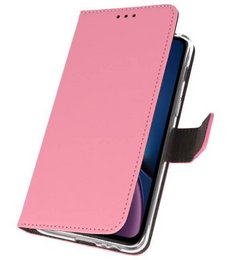 Pink leather wallet case for iPhone XR with card slots and stand function.