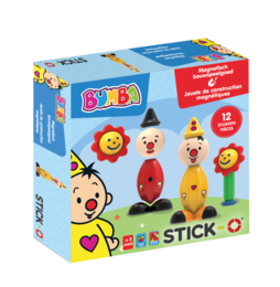 Colorful magnetic toy set with stick figures in various shapes and expressions, including a clown-like figure and a heart-shaped figure. The set is designed for young children to play with and explore.