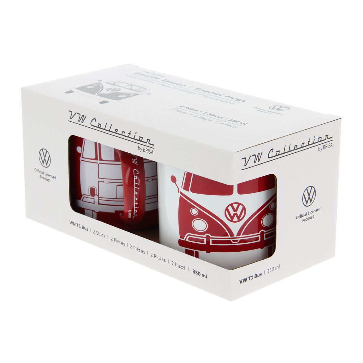 Volkswagen VW T1 Bus Enamel Mug 2-pc Set 350ml in Gift Box - Front/White & Red