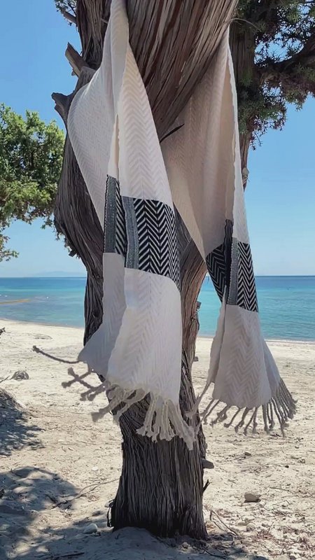 Asciugamano Spa Hammam in cotone ZAYA – Senza sabbia – Bianco / Nero - 180x100 cm