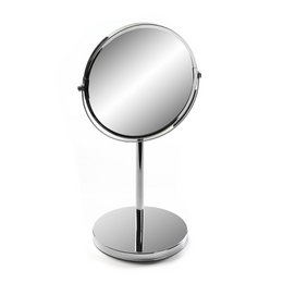 Freestanding round makeup mirror with 5x magnification, chrome finish.