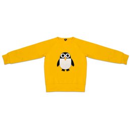 A yellow kids' sweatshirt with a penguin graphic. The sweatshirt is available in sizes 74 to 152 cm.