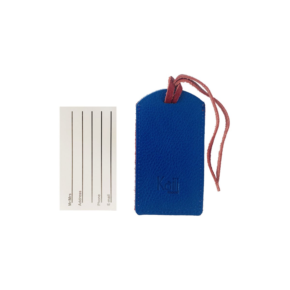 K0041VDB | Made in Italy two-tone luggage tag in genuine full-grain leather, grained dollar - Red/Blue - Dimensions: 6.5 x 12 cm - Packaging: rigid bottom/lid Gift Box