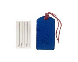 K0041VDB | Made in Italy two-tone luggage tag in genuine full-grain leather, grained dollar - Red/Blue - Dimensions: 6.5 x 12 cm - Packaging: rigid bottom/lid Gift Box